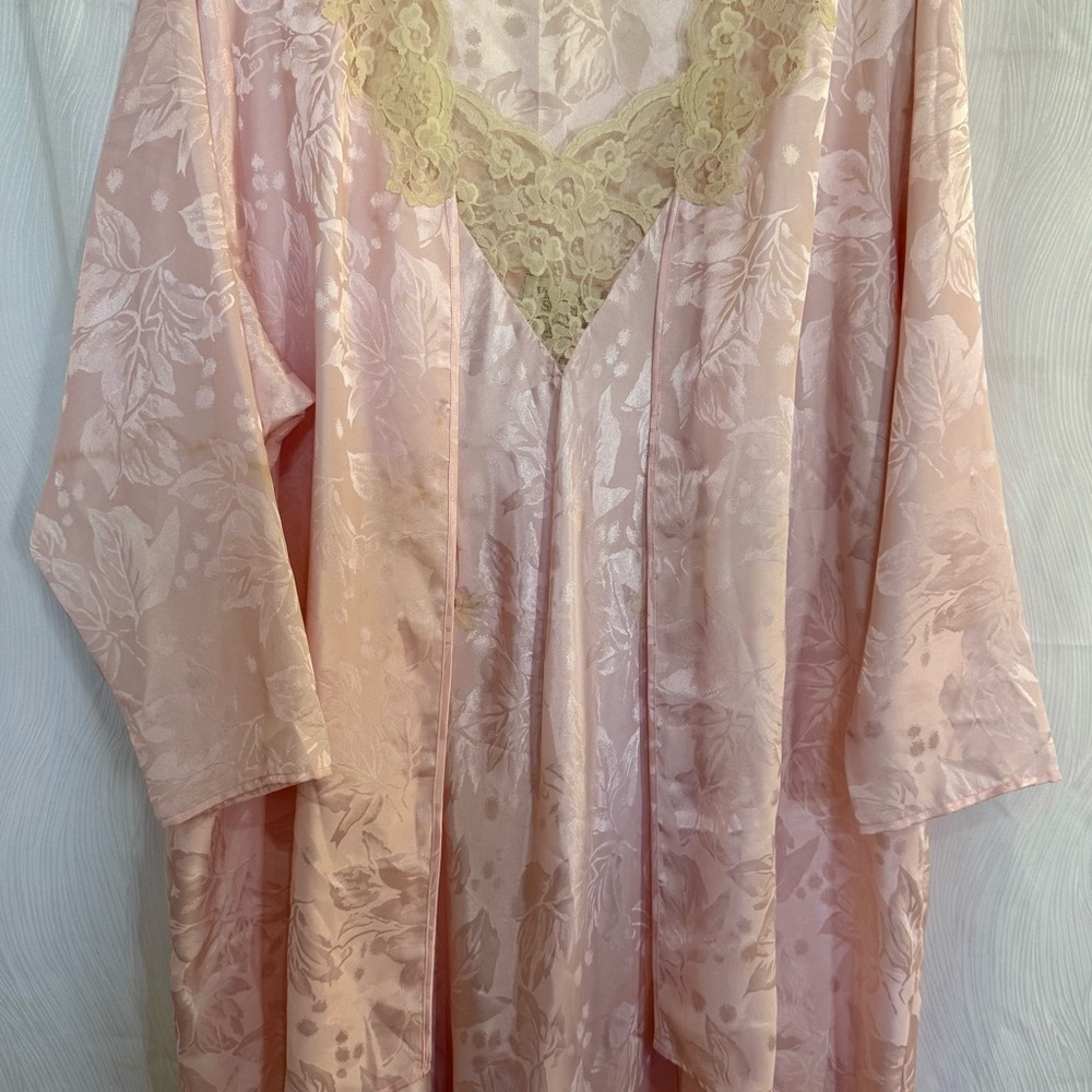 Victoria’s Secret Gold Label Pink Satin Lace Slip & Robe Set RN70091 Vtg L EUC